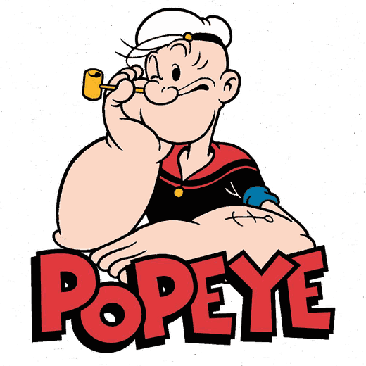 Попай с трубкой, облокотившийся на крупную надпись POPEYE